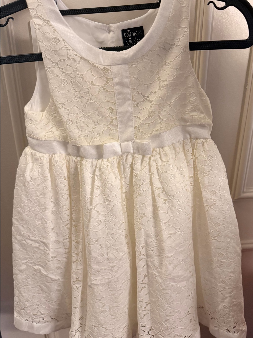 Pink & Violet Girls' Cream Lace Party Dress with Satin Bow